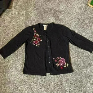 Apostrophe Sweater Womens Petite M Black Cardigan Floral 3/4 Sleeve